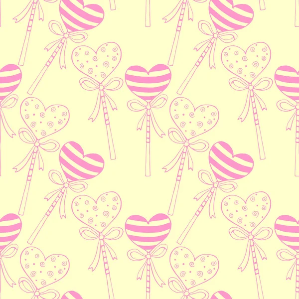 Vector Seamless Pattern Heart Shape Lollipops Gingerbreads Stick Bows Hand — Stock Vector