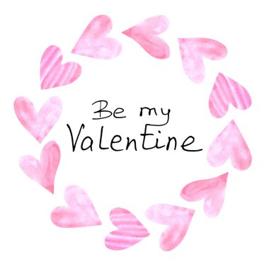 Sevgilim ol. Pembe suluboya kalpler çerçevesi. Sevgililer Günü için arkaplan şablonu, tebrik kartları, aşk ilanları, web.