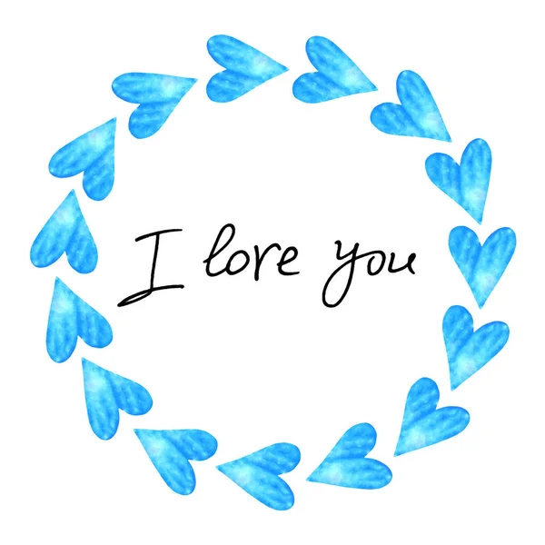 Love You Lettering Frame Blue Watercolor Hearts Title Border Background — Stock Photo, Image