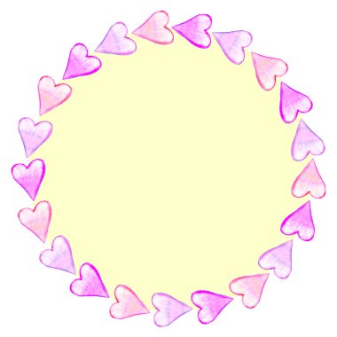 Elle çizilmiş yuvarlak çerçeve, suluboya kalplerin sınırı. Aşkın, geçmişin, davetiyenin, sevgililer gününün, tebrik kartının, düğünün romantik sembolü..