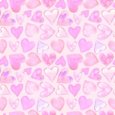 Suluboya kalpli kusursuz bir desen. Romantik aşk elinin arka plan dokusu. Kutlama kartları, ambalaj kağıtları, düğün, doğum günü, kumaş, tekstil, sevgililer günü, anneler günü, paskalya.