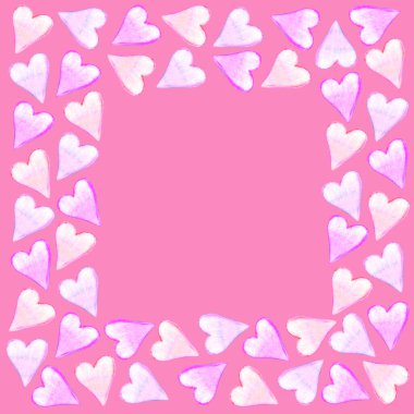 Geçmişi, suluboya kalplerin çerçeveleri. El çizimi. Doğum günü için aşk teması, Sevgililer Günü, tebrik kartı, düğün, baskı.