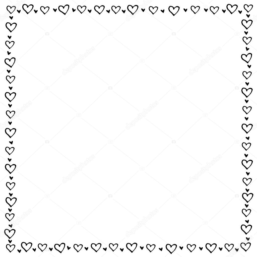 Hand drawn square frame, border from black outline hearts. Simple romance symbol of love, background, decoration for invitation, Valentine's day, greeting card, wedding.
