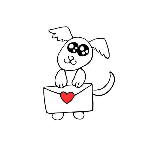 Vetor Pequeno Contorno Bonito Cão Com Carta Amor Doodle Desenhado —  Vetores de Stock