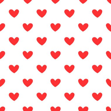Puantiyeli kırmızı kalpli kusursuz desen. Sevgililer Günü geçmişi. Vektör çizimi. Geçmiş, tekstil dokusu, ambalaj kağıdı