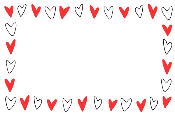 Hand Drawn Frame Border Black Red Outline Hearts Simple Romance — Stockvector