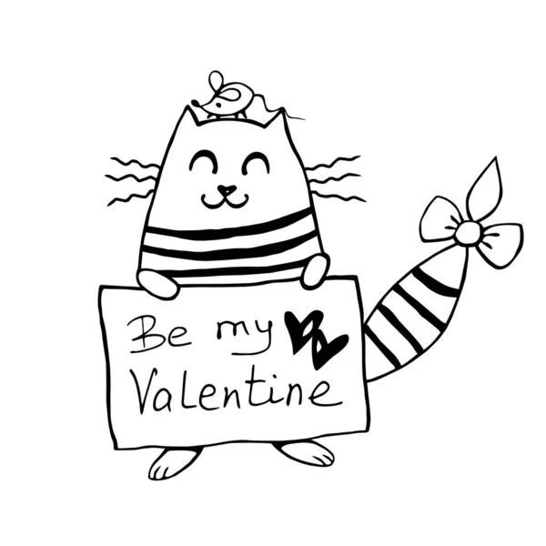 Vector Lindo Gato Contorno Con Inscripción San Valentín Garabato Dibujado — Archivo Imágenes Vectoriales