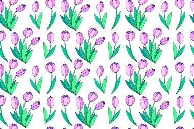 Pembe lale çiçekleriyle kusursuz bir desen. El çizimi yay dokusu, arka plan. Paket kağıdı, tekstil, tebrik kartı, düğün, doğum günü, annelerin ya da kadınların ya da sevgililer günü için..