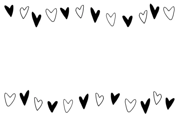 背景には 小さな輪郭の黒い心のフレーム 手描き恋愛をテーマに 水平上端と下端 誕生日の装飾 バレンタインデー グリーティングカード 結婚式 — ストックベクタ