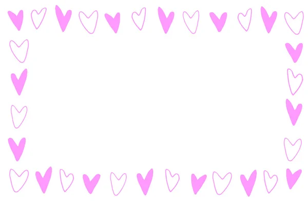 Cornice Disegnata Mano Bordo Cuori Contorno Rosa Semplice Simbolo Amore — Vettoriale Stock