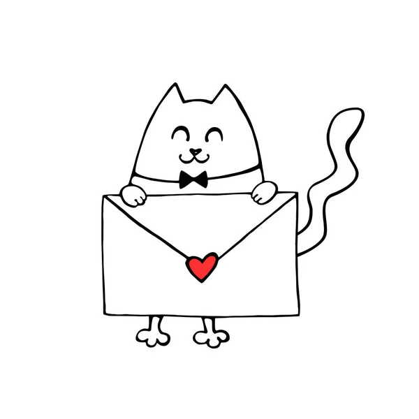 ラブレター付きベクトルかわいい輪郭猫 手描きのドア グリーティングカード バレンタインデー 誕生日 ぬり絵のためのシンプルなデザイン要素 — ストックベクタ
