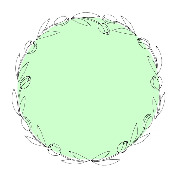 Vektor Rund Ram Krans Från Kontur Tulpaner Vårblommor Handritad Klotter — Stock vektor