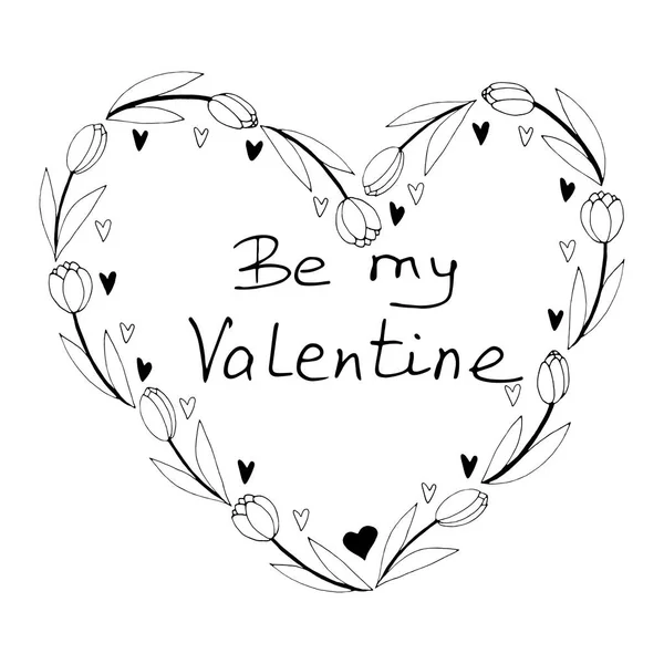 Vector Frame Shape Heart Outline Tulips Valentine Lettering Hand Drawn — Stock Vector