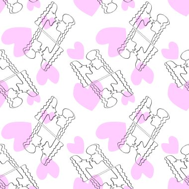 İnsanları öpmek ve pembe kalplerle kusursuz bir düzen. Çizgi sanatı, karalama, aşkın sembolü olarak özet öpücük. Birbirimize bağlıyız. Basit vektör arkaplan, doku.
