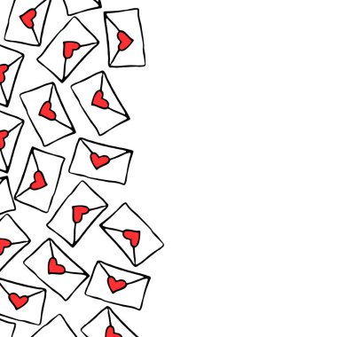 Arkaplan, yan sınır, Sevgililer Günü için yazılmış aşk mektupları. Karalama tarzında kırmızı kalpli zarflar. Bir kart, afiş, broşür, sertifika için..