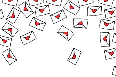 Vektör posteri, Sevgililer Günü arkaplanı için aşk mektupları. Karalama stilinde kırmızı kalpli, kusursuz zarf deseni. Senin için bir sürü sevgililer günü kartı..