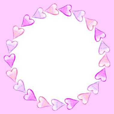 Elle çizilmiş yuvarlak çerçeve, suluboya kalplerin sınırı. Aşkın, geçmişin, davetiyenin, sevgililer gününün, tebrik kartının, düğünün romantik sembolü..