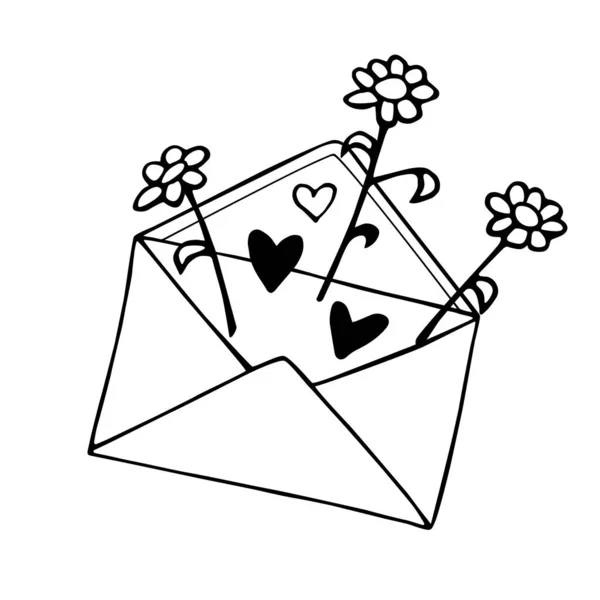 Envelop Met Brief Bloemen Harten Schattig Met Hand Getekend Vectorelement — Stockvector