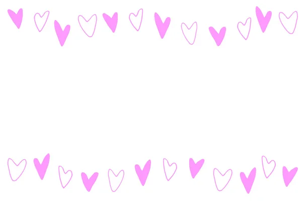 小さなアウトラインピンクの心のフレーム 手描き恋愛をテーマに 水平上端と下端 誕生日の装飾 バレンタインデー グリーティングカード 結婚式 — ストックベクタ
