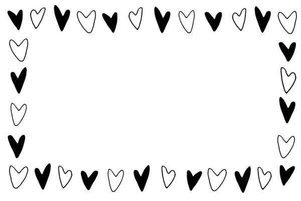 Hand Drawn Frame Border Black Outline Hearts Simple Romance Symbol — Stock Vector