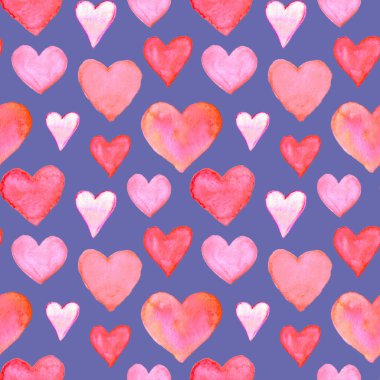 Suluboya kalpli kusursuz bir desen. Romantik aşk elinin arka plan dokusu. Kutlama kartları, ambalaj kağıtları, düğün, doğum günü, kumaş, tekstil, sevgililer günü, anneler günü, paskalya.