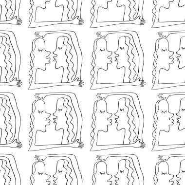 Soyut öpüşme ve kucaklaşmayla kusursuz bir düzen. Soyutlama, çizgi sanatı. Basit komik bir illüstrasyon. Vektör dokusu, kart baskısı dekorasyonu, düğün, Sevgililer Günü, aşk teması.