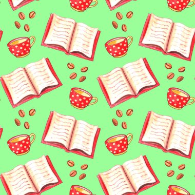 Açık kitap, kırmızı benekli bardak ve kahve çekirdekli suluboya desenli. Hobiler, eğlence, sıcacık sonbahar ya da kış akşamı teması üzerine renkli bir geçmiş.