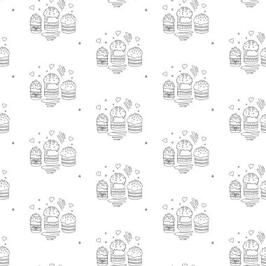 Paskalya pastası, tatlı ekmek ya da Paska ile kusursuz desen. Geleneksel ortodoks yemekleri olan bahar festivali arka planı ve dokusu karalama tarzında. El Çizimi vektör illüstrasyonu.