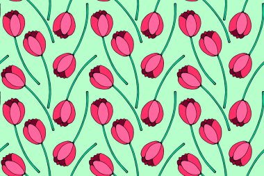 Kırmızı lale çiçekleri olan kusursuz bir desen. El çizimi yay dokusu, arka plan. Paket kağıdı, tekstil, tebrik kartı, düğün, doğum günü, annelerin ya da kadınların ya da sevgililer günü için..