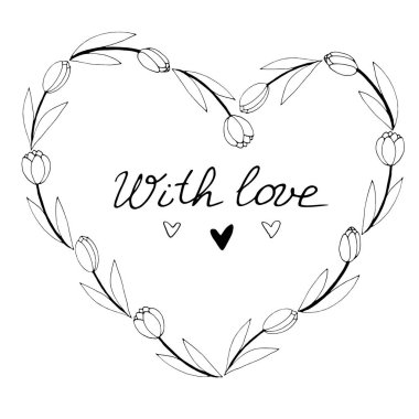 Lalelerden kalp şeklinde bir taşıyıcı çerçeve. Aşk mektuplarıyla. Elle çizilmiş karalama izole edilmiş. Arkaplan, sınır, bayram dekorasyonu başlığı, sevgililer günü kartı.