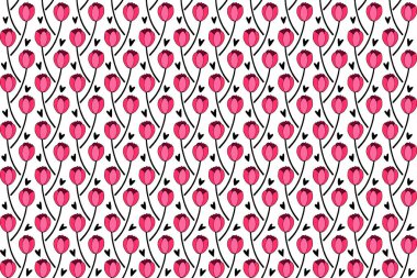 Kırmızı lale çiçekleri ve kalpleri olan kusursuz bir şablon. El çizimi yay dokusu, arka plan. Paket kağıdı, tekstil, tebrik kartı, düğün, doğum günü, kadınlar veya sevgililer günü için.