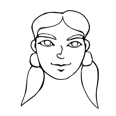 İki at kuyruklu bir kızın yüzü. Elle çizilen karalama biçimindeki vektör çizimi. Farklı ve güzel..