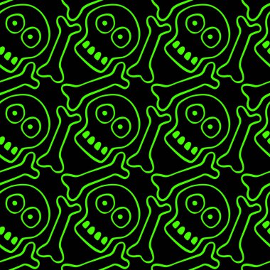 İnsan kafatası ve kemiklerle kusursuz bir desen. İlkel çizgi film stili Doodle. Cadılar Bayramı temalı arka plan ve doku, tehlike, ölüm, savaş, zehir. Kumaş, ambalaj, parti, poster, afiş.