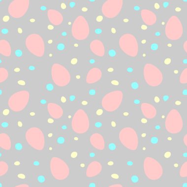 Süslü yumurtalar ve noktalarla kusursuz paskalya deseni. Vektör pastel çok renkli tatil dekorasyonları, arka planlar ve dokular. Kumaş, tekstil, ambalaj kağıdı, ambalaj, ağ için.