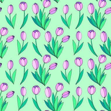 Pembe lale çiçekleriyle kusursuz bir desen. El çizimi yay dokusu, arka plan. Paket kağıdı, tekstil, tebrik kartı, düğün, doğum günü, annelerin ya da kadınların ya da sevgililer günü için..