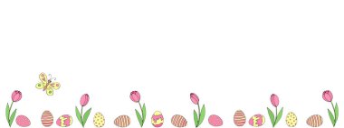 Paskalya baharı arka planında çiçek, lale ve yumurta yetişiyor..