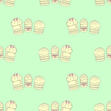 Kusursuz desen. Paskalya pastası, tatlı ekmek ya da Paska. Yumuşak Bahar Festivali arka planı ve geleneksel geleneksel ortodoks yemekleri karalama tarzında. El Çizimi illüstrasyonu.