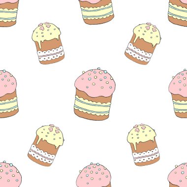 Kusursuz desen. Paskalya pastası, tatlı ekmek ya da Paska. Geleneksel ortodoks yemekleri ile yumuşak bahar festivali arka planı ve dokusu. El çizimi renk illüstrasyonu.