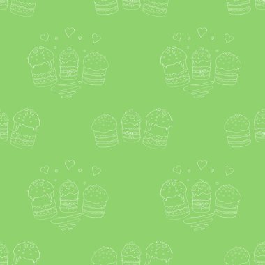 Kusursuz desen. Paskalya pastası, tatlı ekmek ya da Paska. Yumuşak Bahar Festivali arka planı ve geleneksel geleneksel ortodoks yemekleri karalama tarzında. El Çizimi illüstrasyonu.