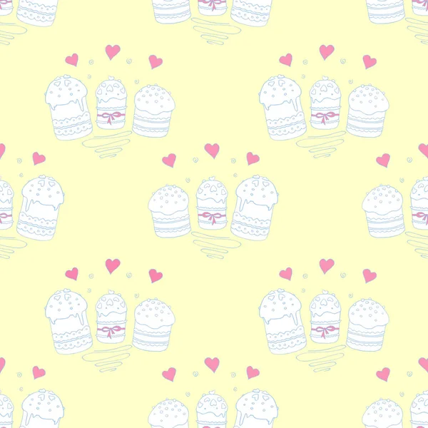 Seamless pattern. Easter cake or sweet bread or Paska. Soft Spring festive background and texture with traditional orthodox food in contour doodle style. Hand Drawn illustration.