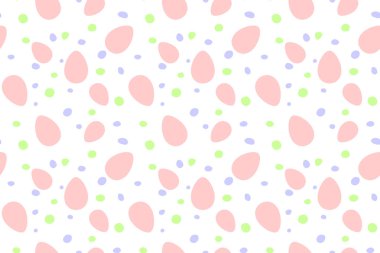 Süslü yumurtalar ve noktalarla kusursuz paskalya deseni. Vektör pastel çok renkli tatil dekorasyonları, arka planlar ve dokular. Kumaş, tekstil, ambalaj kağıdı, ambalaj, ağ için.