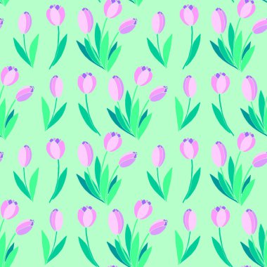 Pembe lale çiçekleriyle kusursuz bir desen. El çizimi yay dokusu, arka plan. Paket kağıdı, tekstil, tebrik kartı, düğün, doğum günü, annelerin ya da kadınların ya da sevgililer günü için..