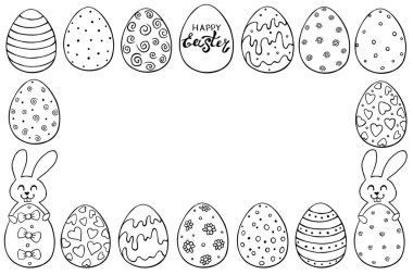 Çerçeve, dış hatlı paskalya yumurtaları ve sevimli tavşanlarla sınır. Vektör el çizimi. Şablon, arkaplan, tebrik kartı dekorasyonu, renk sayfası, davet.