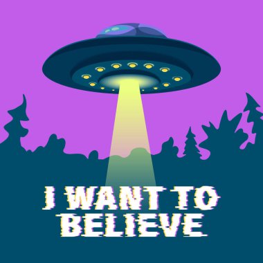 Uçan daire UFO ve harfleri olan bir poster. Vektör illüstrasyonu, tasarım unsuru, uzay teması üzerine duvar kağıdı, komplo teorisi, bilim kurgu, fantastik.