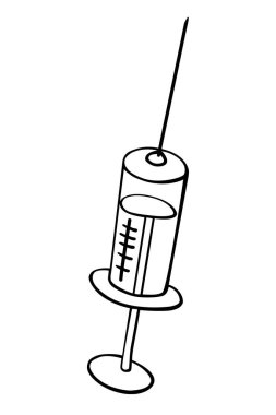 Şırınga ikonu. El çizimi siyah çizgili karalama izole edildi. Virüs ve aşıya karşı tedavi ve koruma amaçlı tıbbi malzeme, ekipman ve aşı.