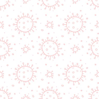 Moleküllerin kusursuz deseni, virüs hücreleri, bakteriler. Salgın, salgın covid-19. Karantina koronavirüsü konsepti, aşı. Taslak çizim biçimi izole edilmiş vektör el arkaplanı.