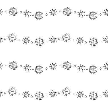 Moleküllerin kusursuz deseni, virüs hücreleri, bakteriler. Salgın, salgın covid-19. Karantina koronavirüsü konsepti, aşı. Taslak çizim biçimi izole edilmiş vektör el arkaplanı.