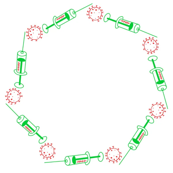Okrągła Ramka Wektorowa Temat Szczepienia Cząsteczki Konturu Komórki Koronawirusu Strzykawki — Wektor stockowy