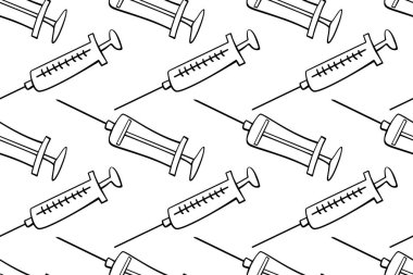 Şırıngaların hatları kusursuz. El çizimi siyah çizgili karalama izole edildi. Tıbbi geçmiş ve doku. Virüs ve aşıya karşı tedavi ve koruma için ekipman ve aşı.