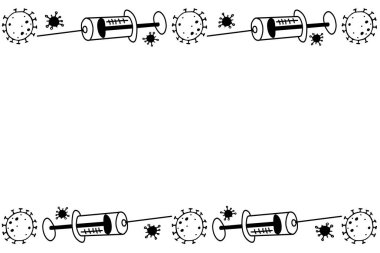 Vektör çerçevesi, aşılama temasının sınırı. Contour molekülleri, koronavirüs hücreleri ve aşı şırıngaları. Yatay üst ve alt kenar, dekorasyon, tıbbi tasarım için doodle stilinde arkaplan.
